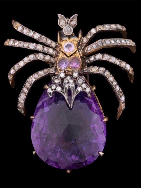 Antique Jewelry - Antique SPIDER PENDANT 47.7ct Amethyst, Diamond, Blue & Pink Sapphire Gemstones